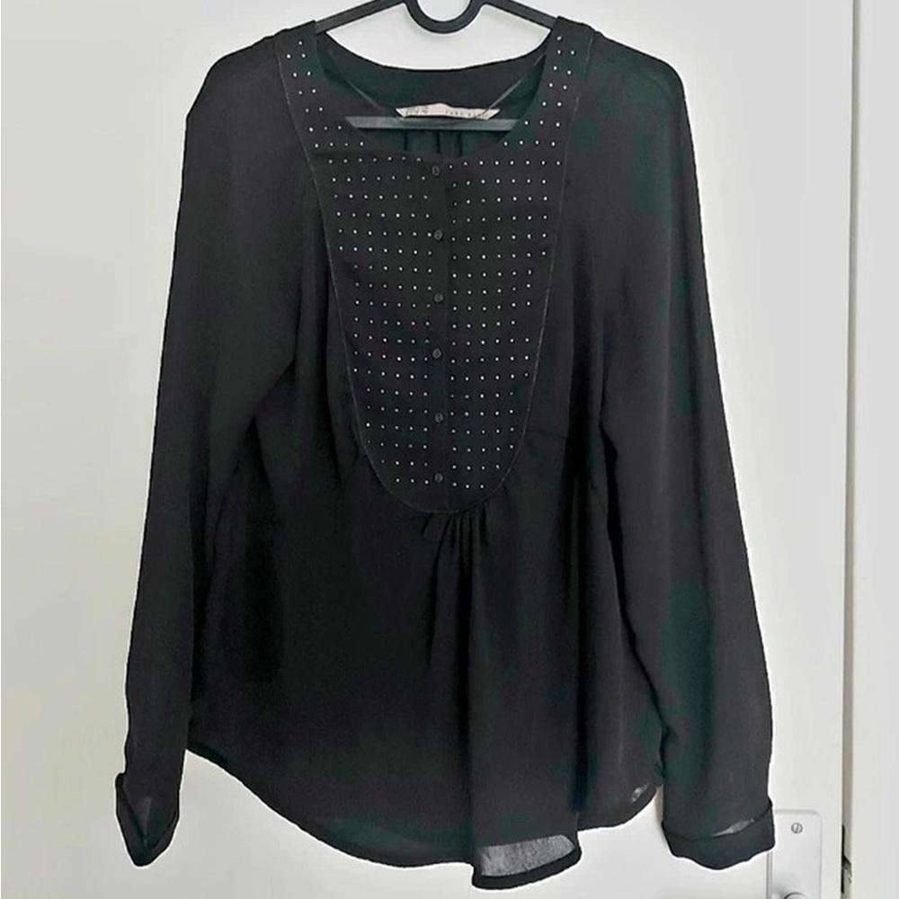 Zara Black Long-Sleeve Studded Blouse